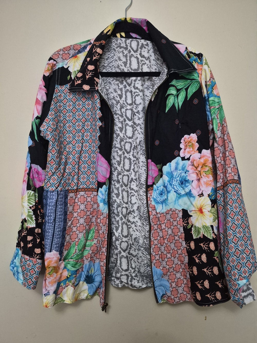 Avanti Black Floral Reversible Patchwork Bomber Jacket with Multicolor Accents